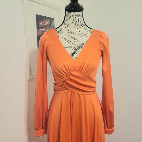 Vintage 70s Orange Maxi Dress With Criss Cross Tie Back Detail Small - Picture 2 of 13
